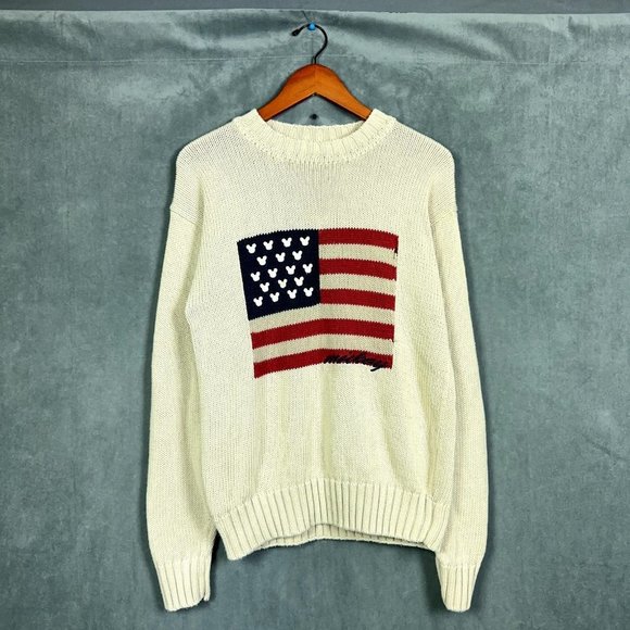 Mickey INC Other - VINTAGE Disney Sweater Mens S Beige Mickey Mouse Inc American Flag Knit FLAWED
